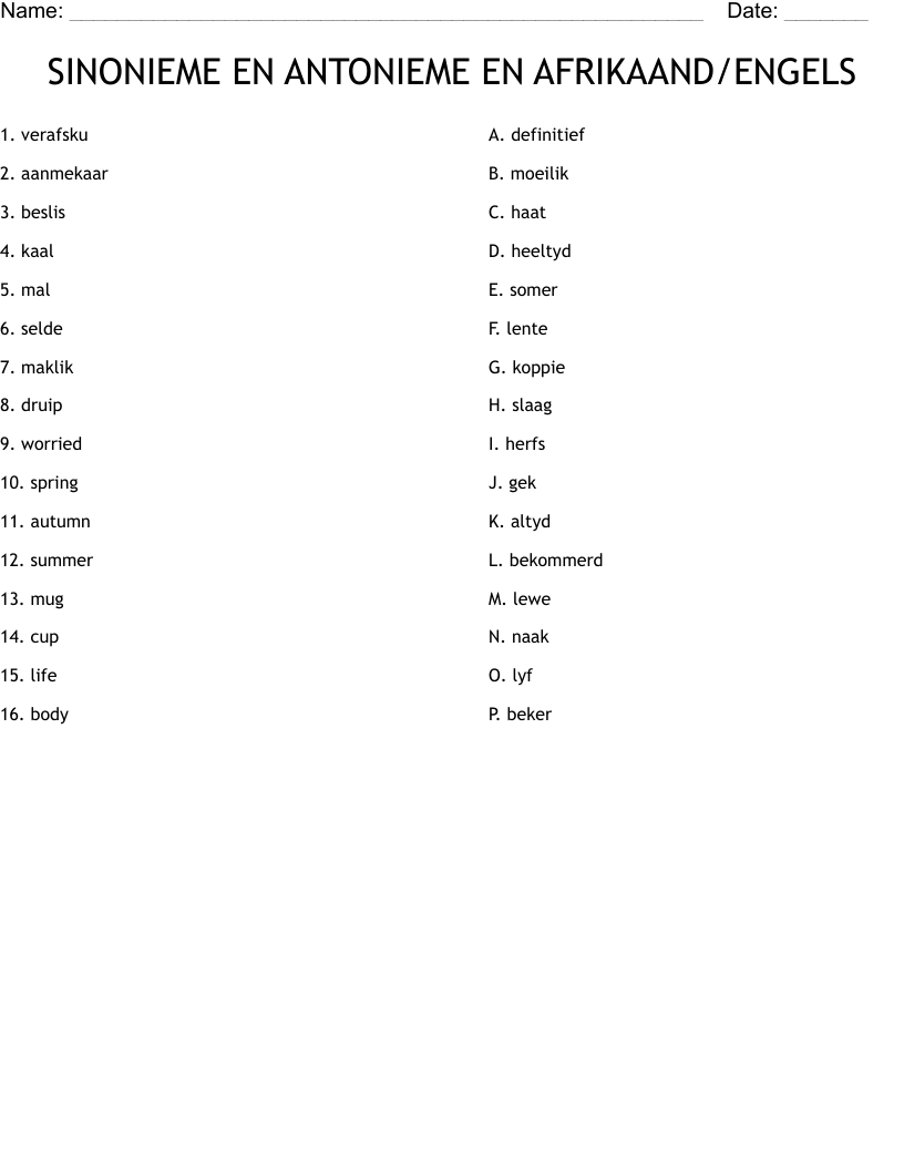 SINONIEME EN ANTONIEME EN AFRIKAAND/ENGELS Worksheet