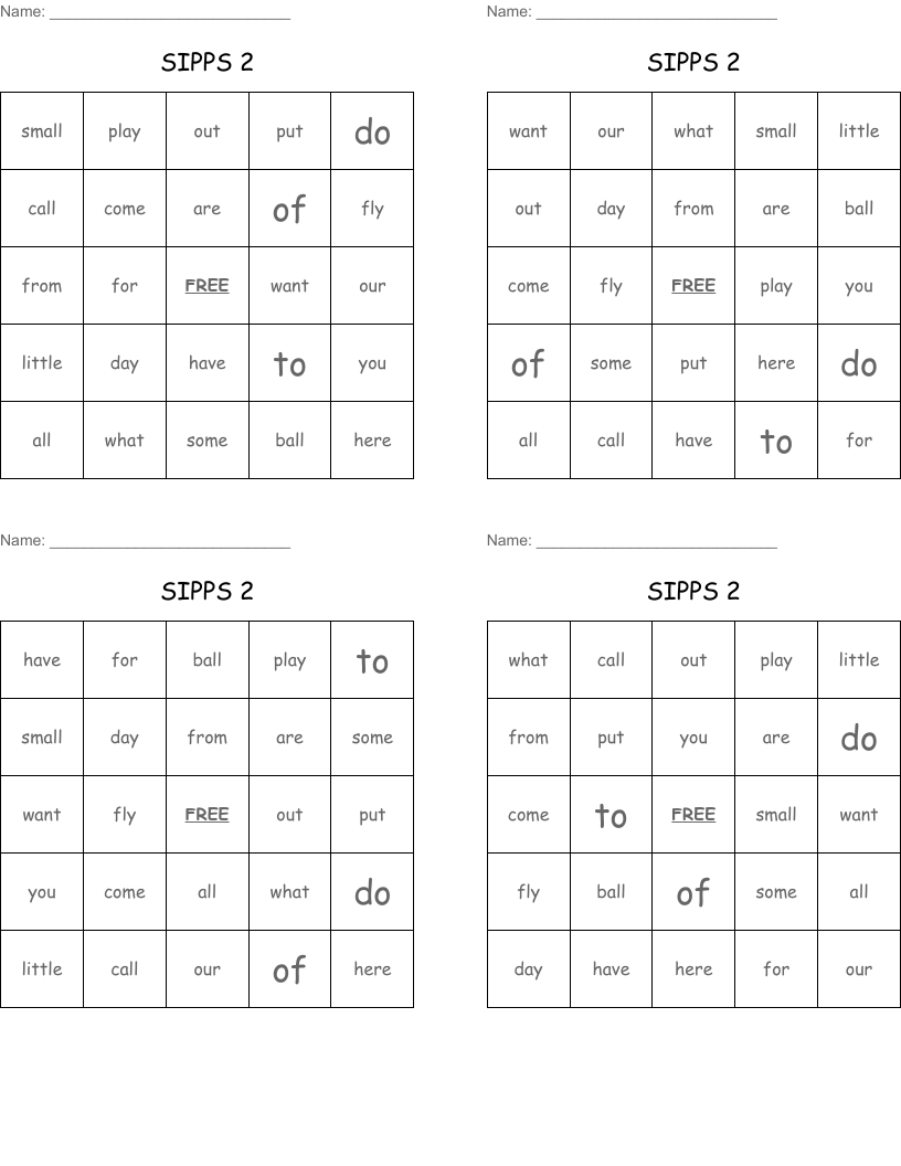 SIPPS 2 Bingo Cards