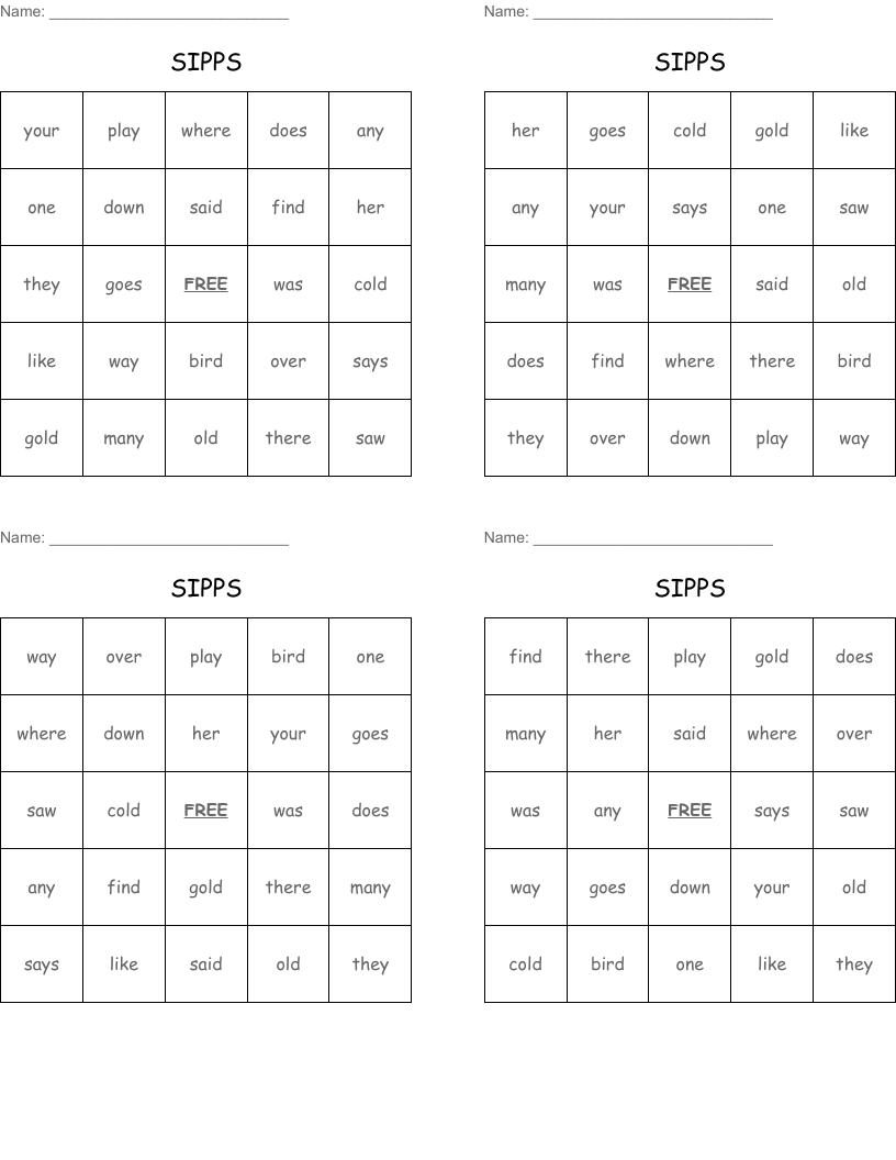 SIPPS Bingo Cards