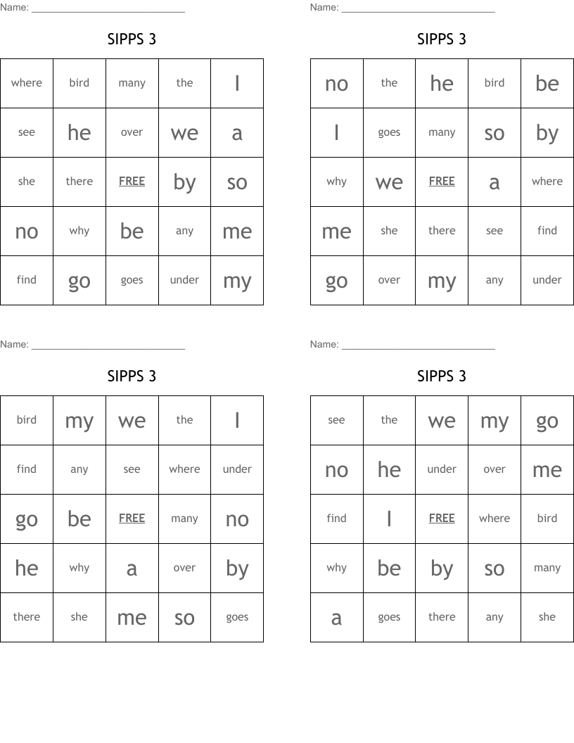 SIPPS 3 Bingo Cards