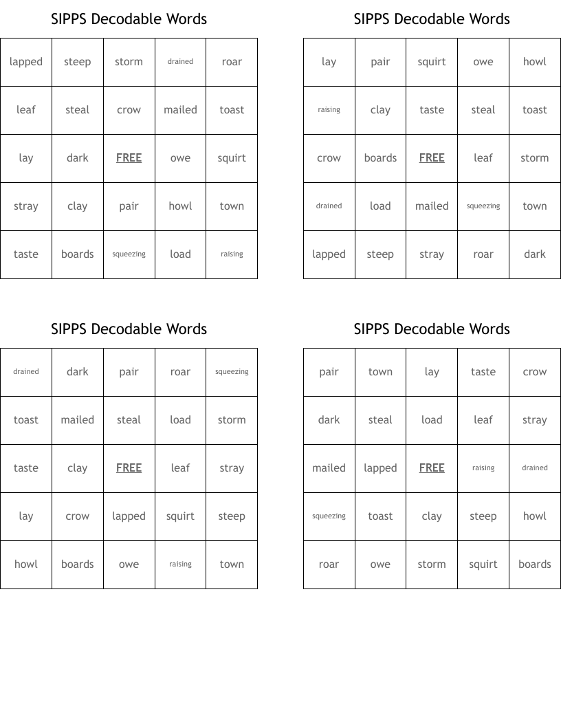 SIPPS Decodable Words Bingo Cards