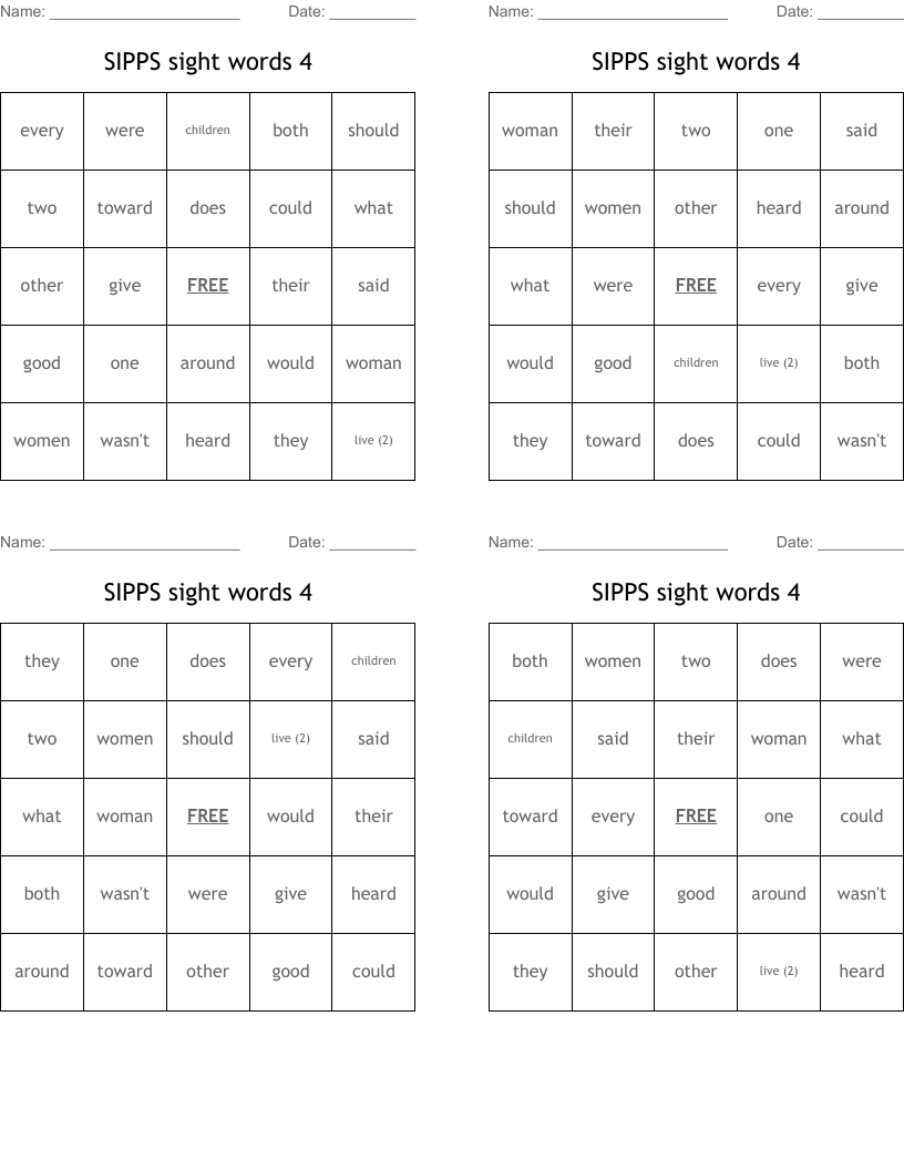 SIPPS sight words 4 Bingo Cards