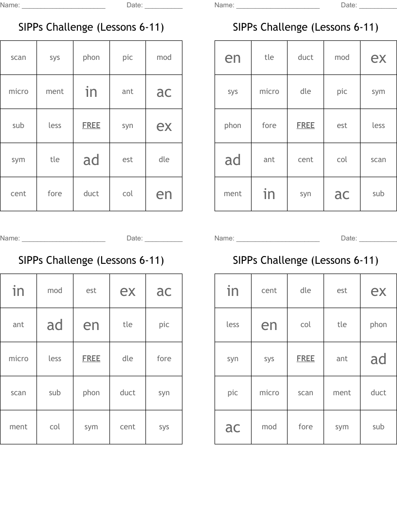SIPPs Challenge (Lessons 6-11) Bingo Cards