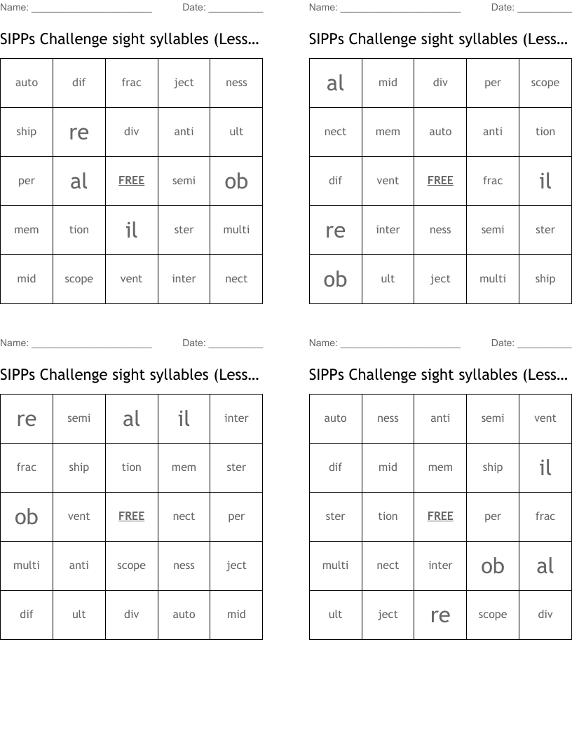 SIPPs Challenge sight syllables (Lessons 11-15) Bingo Cards