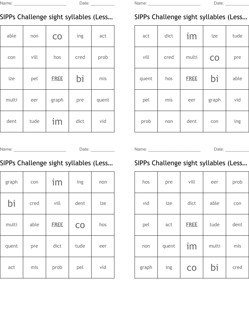 SIPPs Challenge sight syllables (Lessons 16-21) Bingo Cards