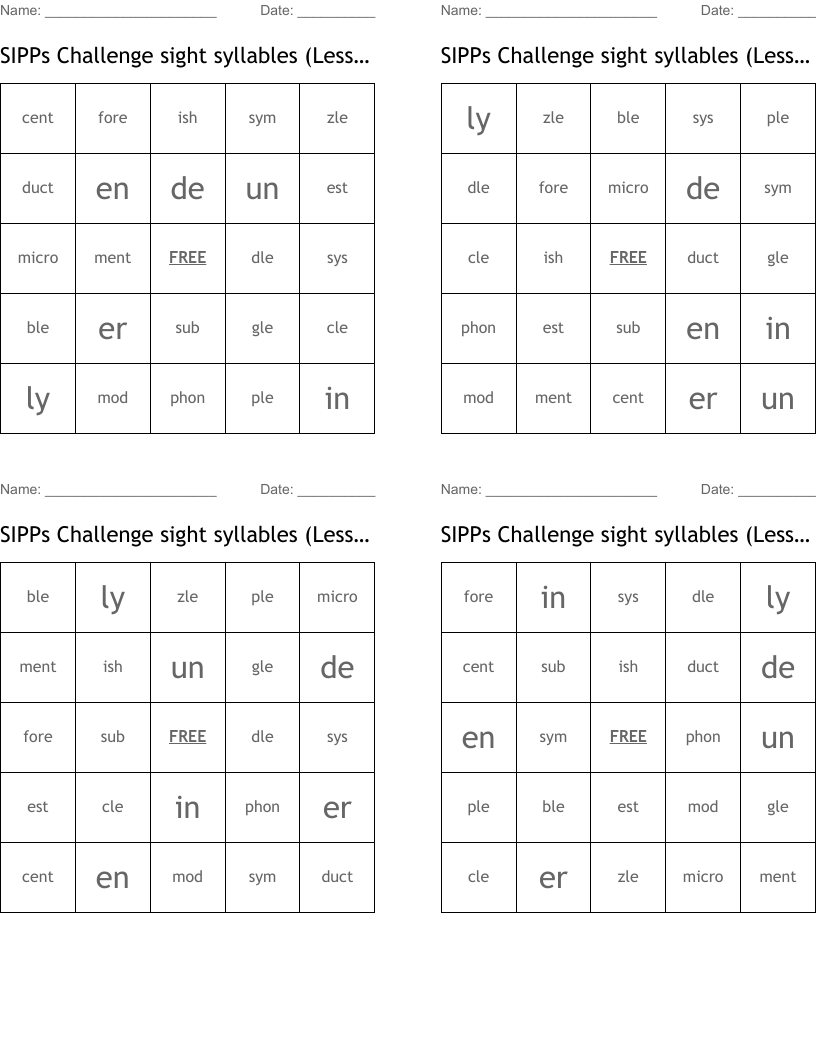 SIPPs Challenge sight syllables (Lessons 6-11) Bingo Cards