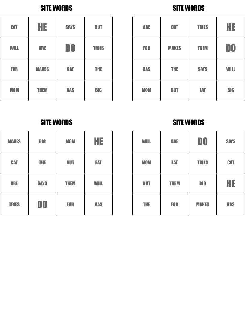 SITE WORDS Bingo Cards