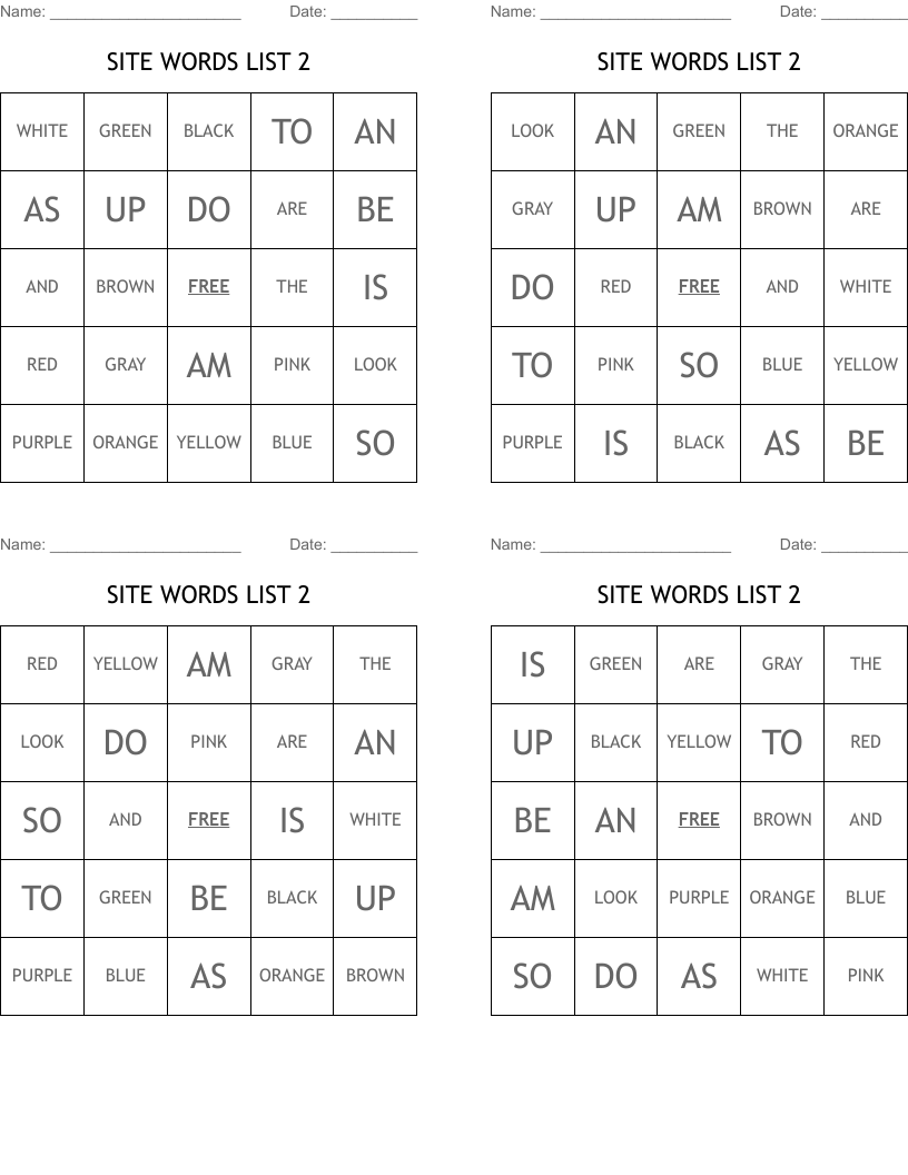 SITE WORDS LIST 2 Bingo Cards