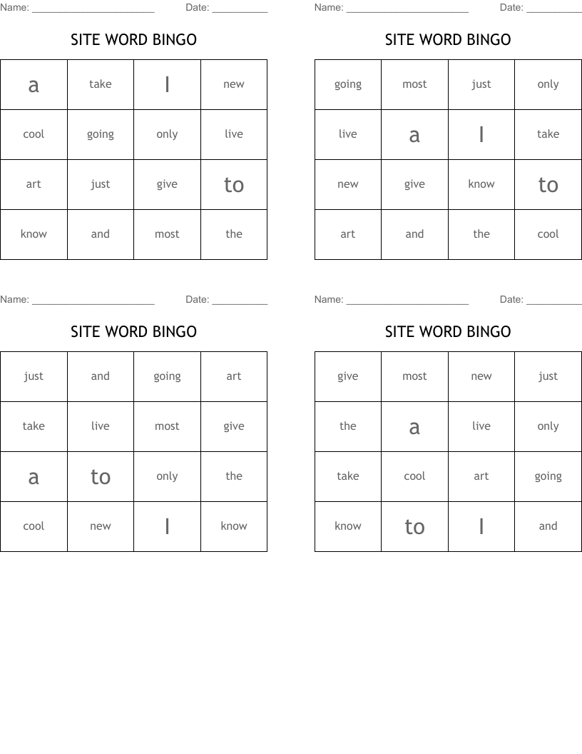 SITE WORD BINGO