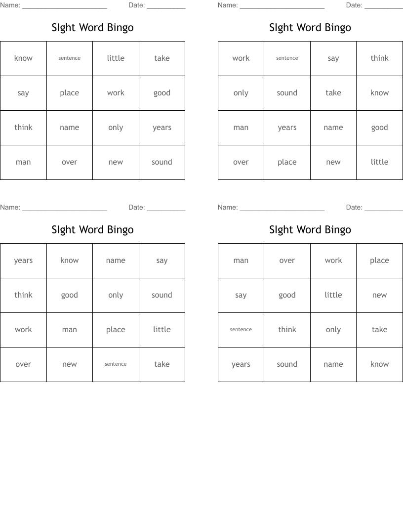 SIght Word Bingo