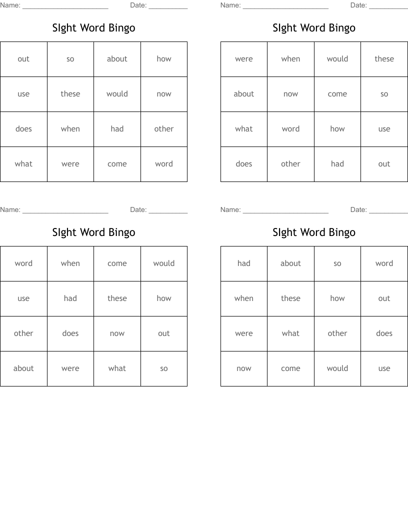 SIght Word Bingo