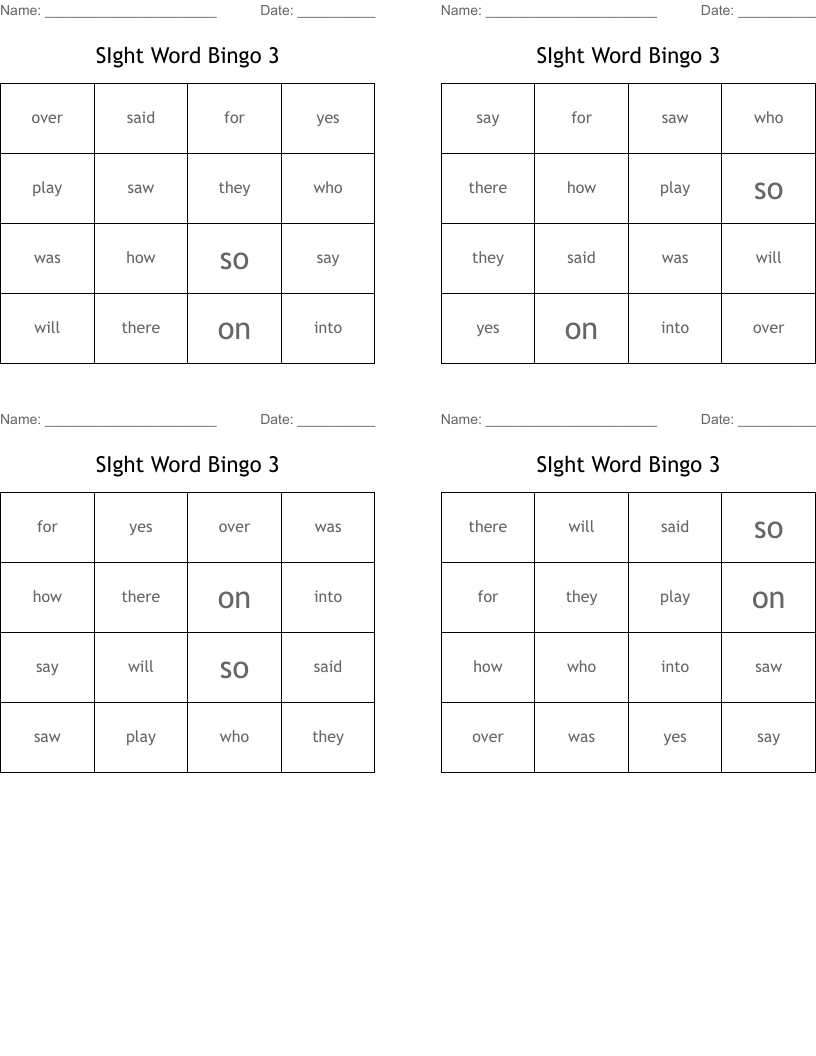 SIght Word Bingo 3