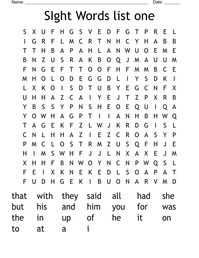 SIght Words list one Word Search