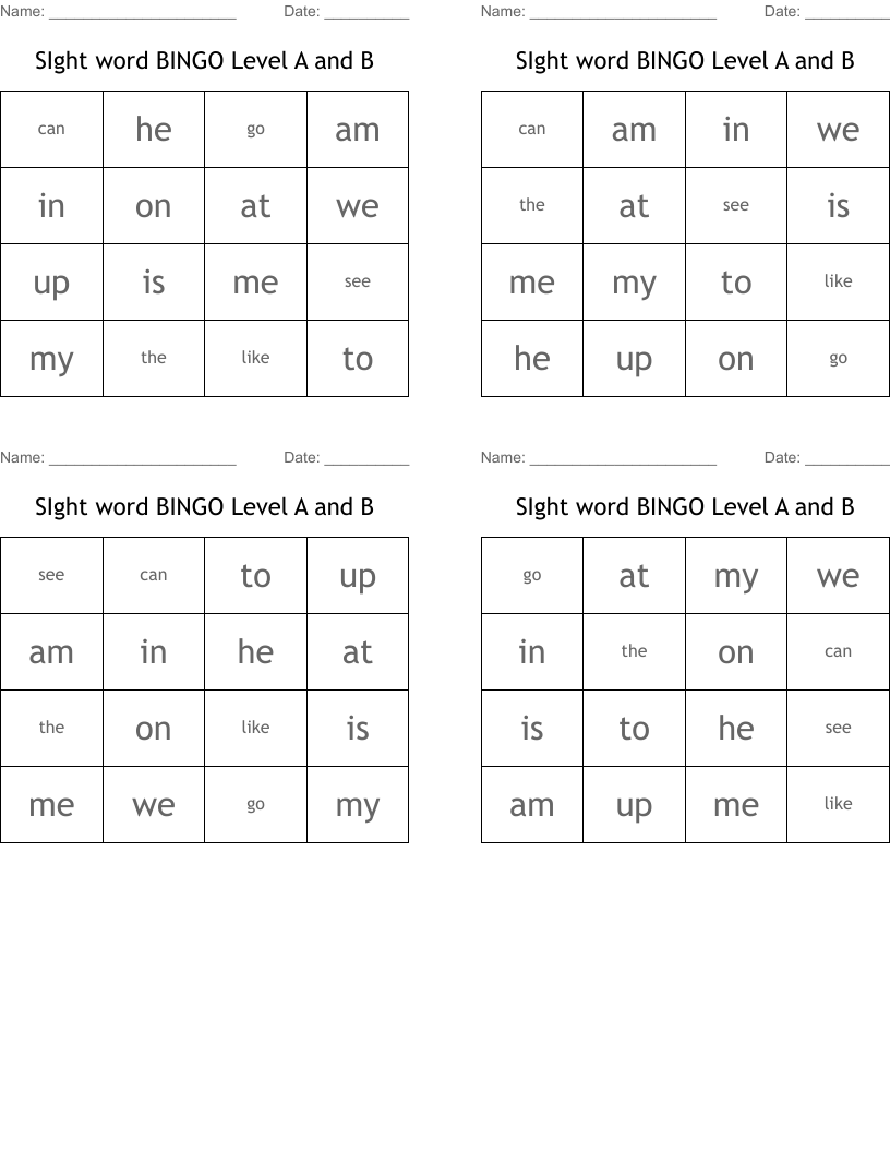 SIght word BINGO Level A and B