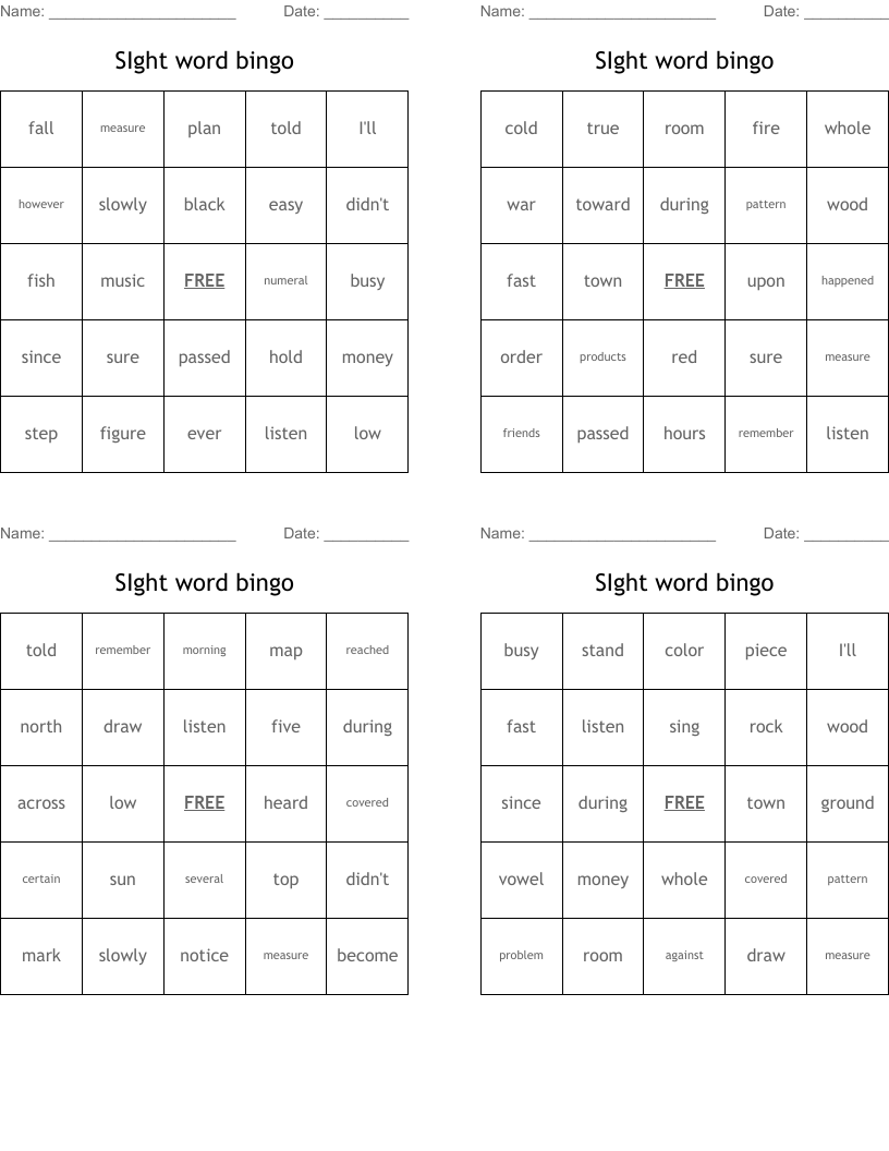 SIght word bingo
