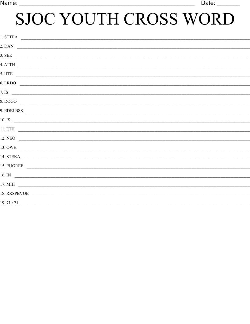 SJOC YOUTH CROSS WORD  Word Scramble