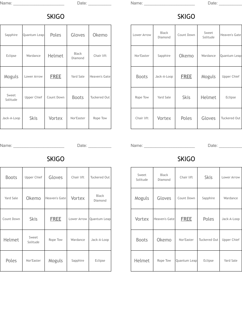 SKIGO Bingo Cards