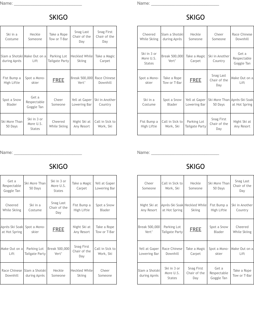 SKIGO Bingo Cards