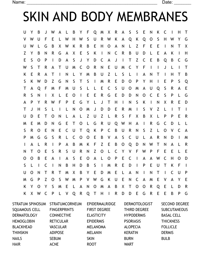 SKIN AND BODY MEMBRANES Word Search