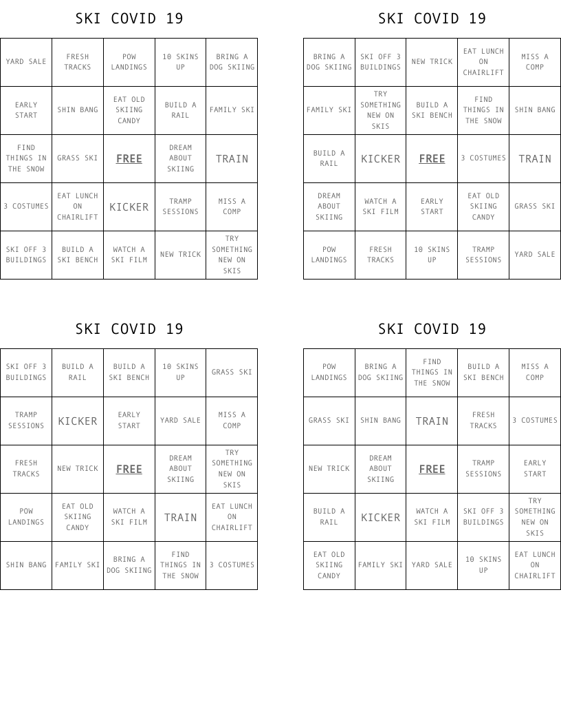 SKI COVID 19 Bingo Cards