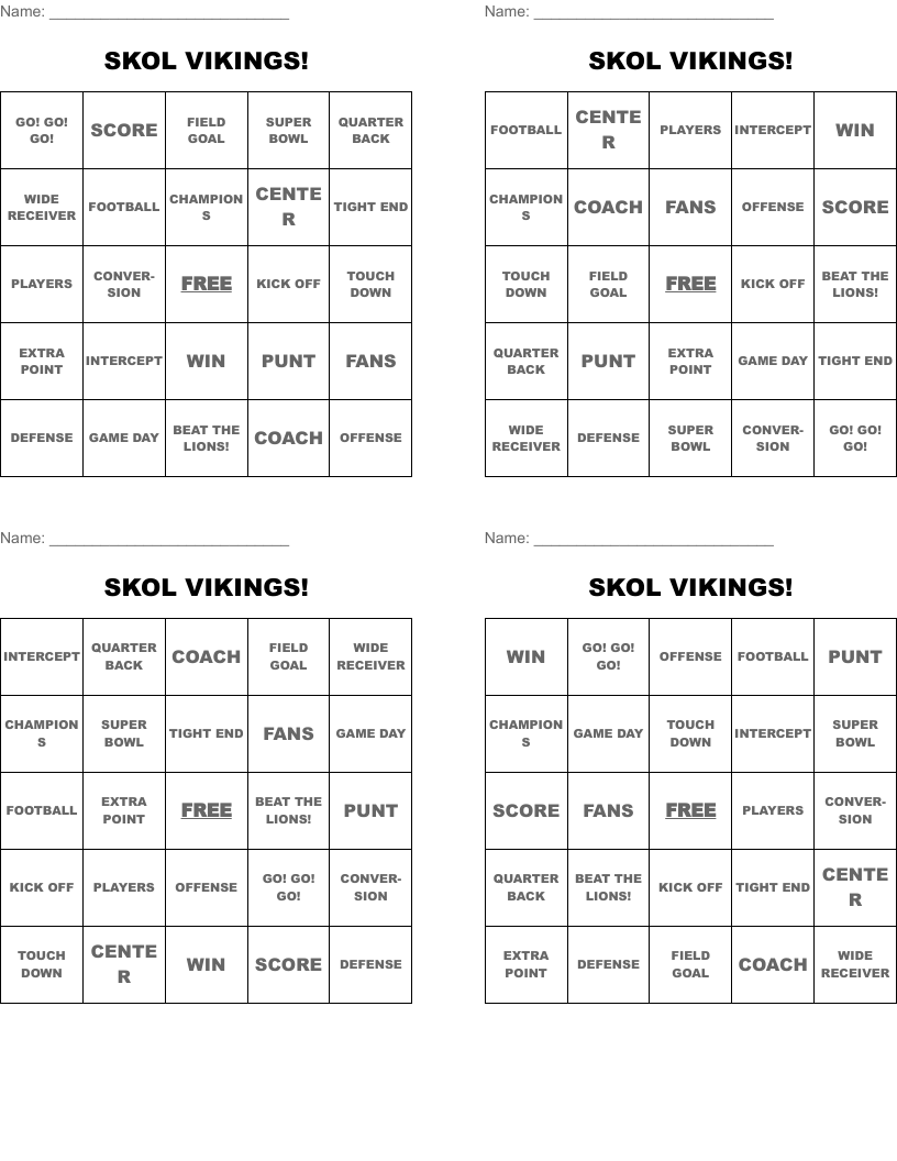 SKOL VIKINGS! Bingo Cards