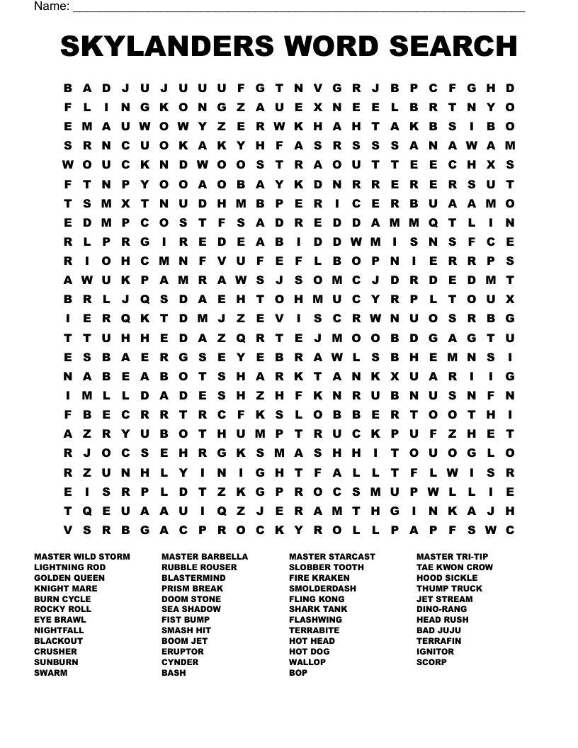 SKYLANDERS WORD SEARCH