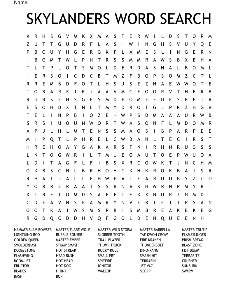 SKYLANDERS WORD SEARCH