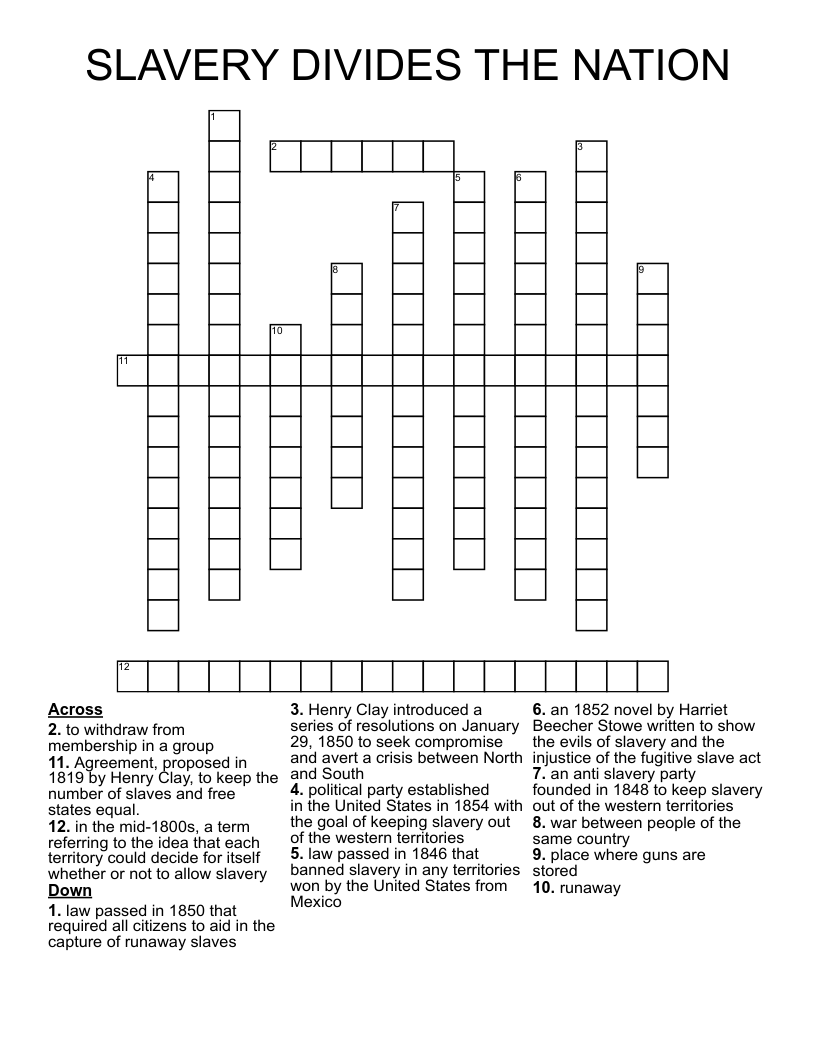 SLAVERY DIVIDES THE NATION Crossword