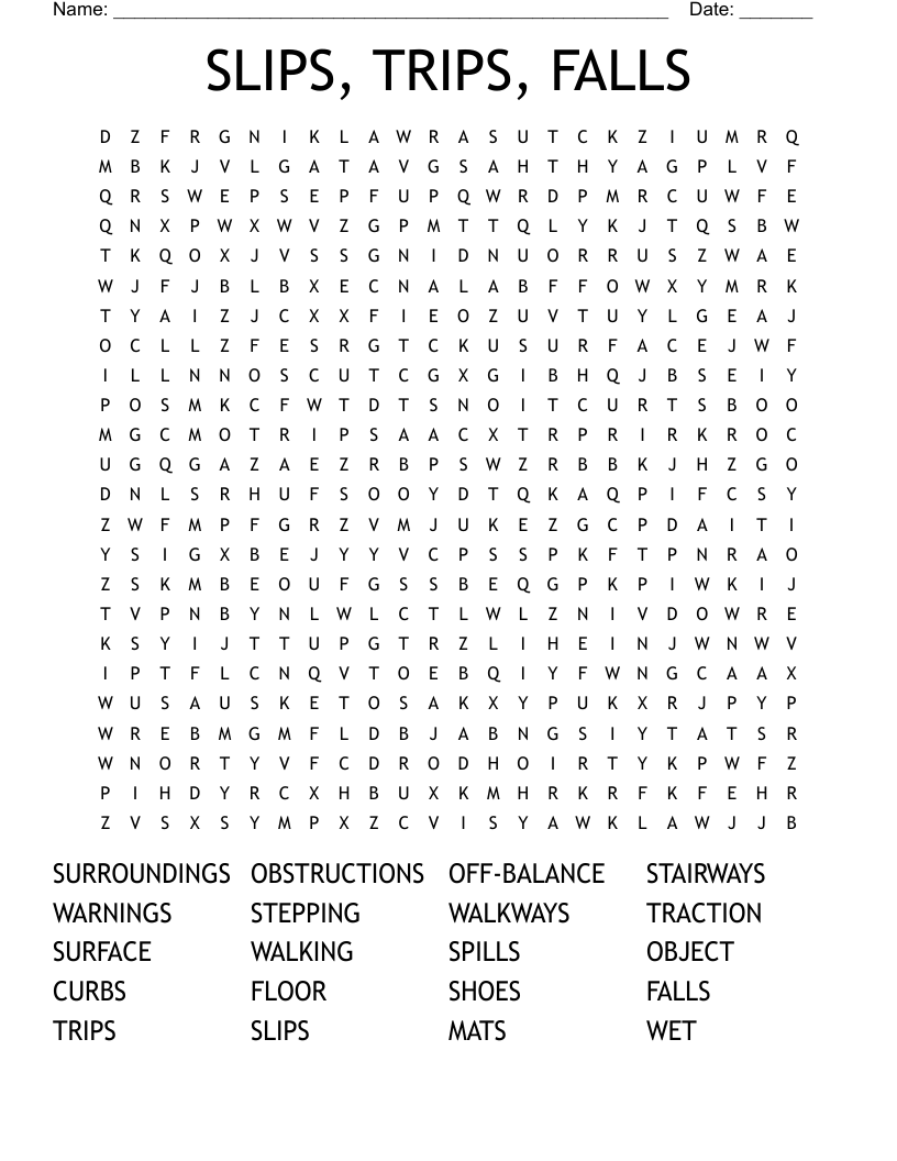 SLIPS, TRIPS, FALLS Word Search