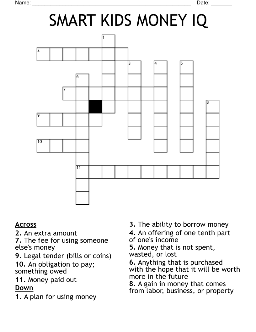 SMART KIDS MONEY IQ Crossword