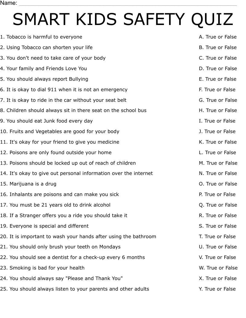 SMART KIDS SAFETY QUIZ Worksheet