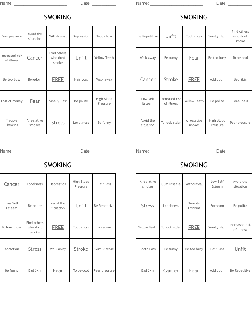 SMOKING Bingo Cards