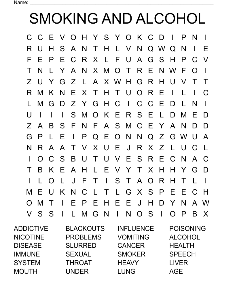 SMOKING AND  ALCOHOL  Word Search