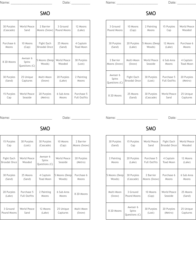 SMO Bingo Cards