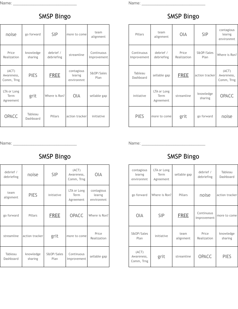 SMSP Bingo