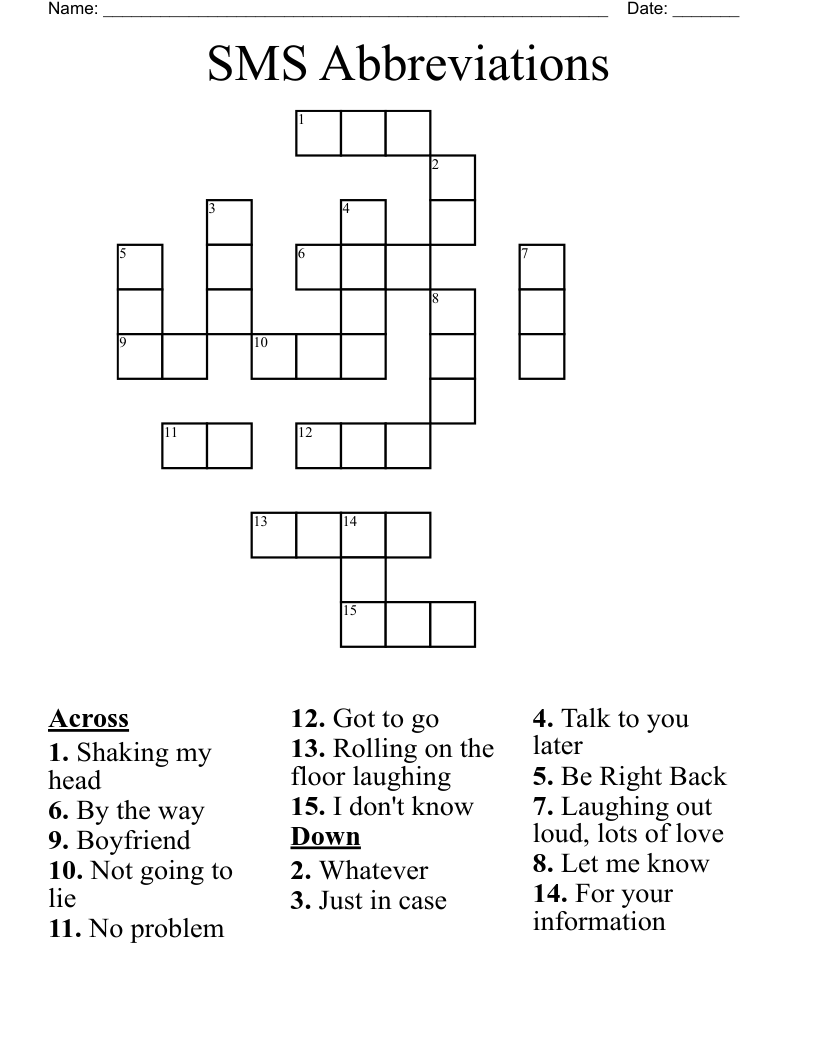 SMS Abbreviations Crossword