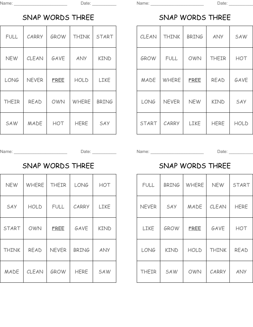 SNAP WORDS THREE Bingo Cards