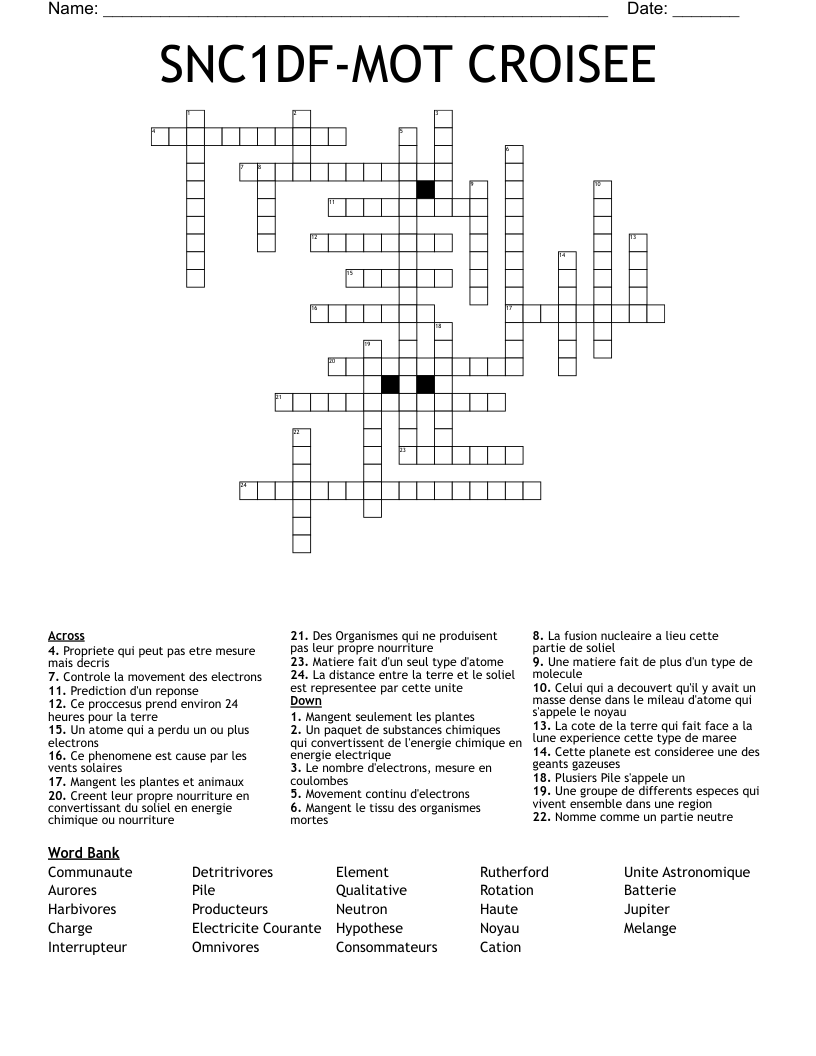 SNC1DF-MOT CROISEE Crossword