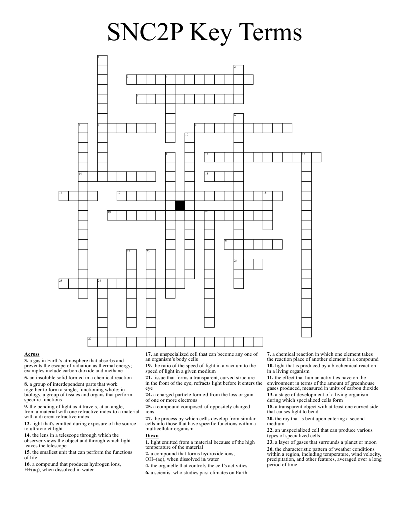 SNC2P Key Terms Crossword