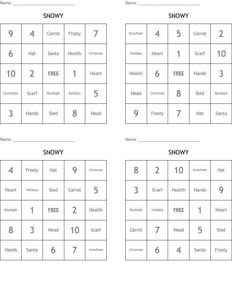 SNOWY Bingo Cards