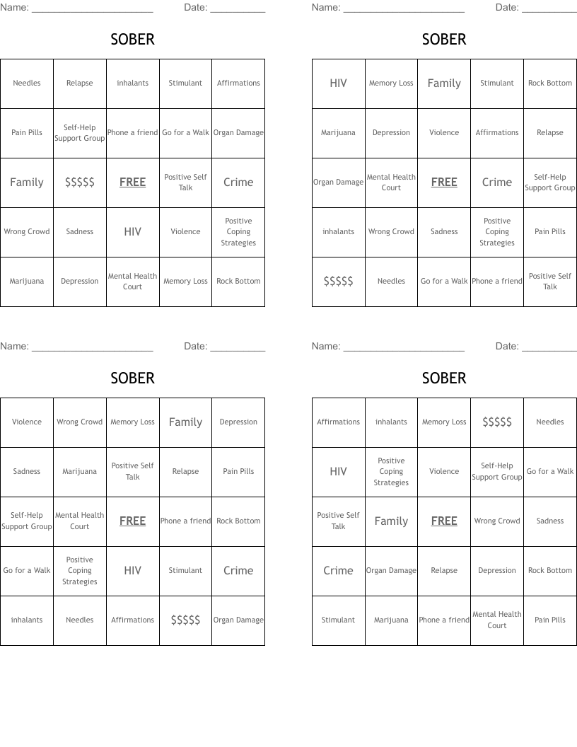 SOBER Bingo Cards