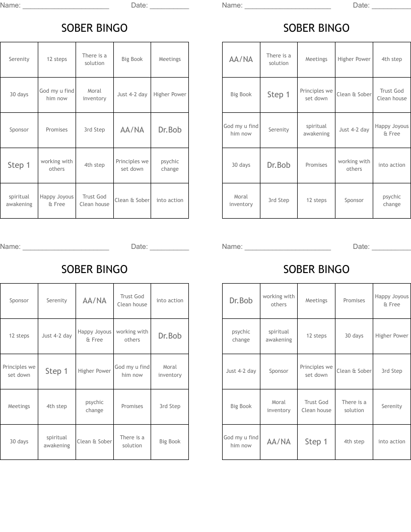 SOBER BINGO