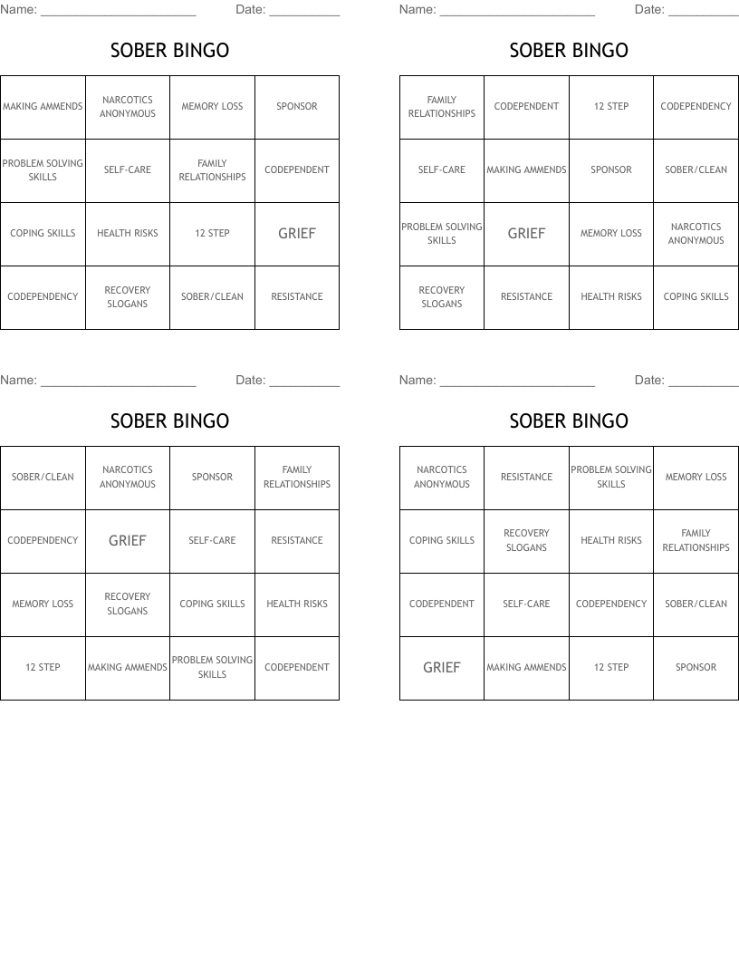 SOBER BINGO