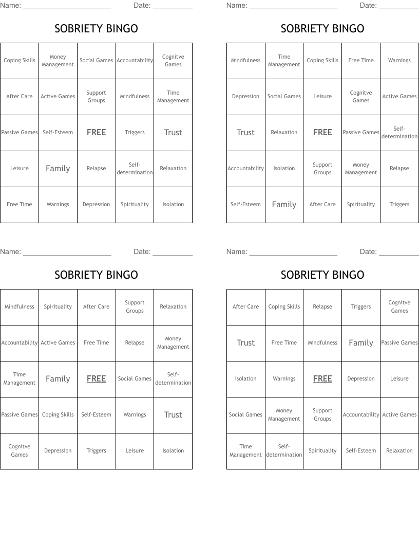 SOBRIETY BINGO