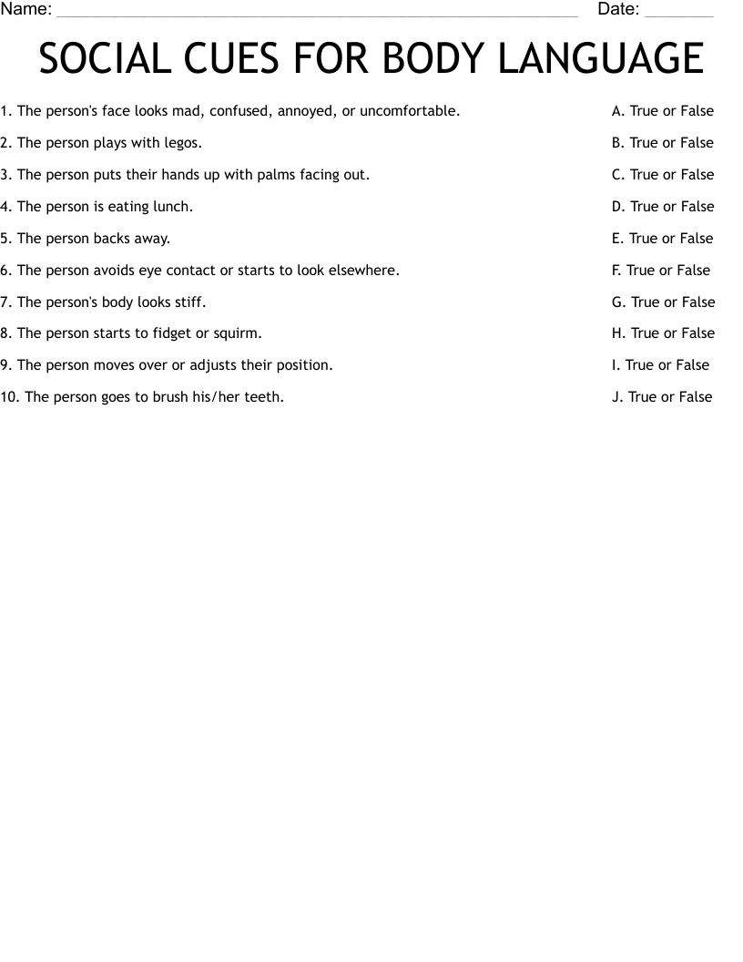 SOCIAL CUES FOR BODY LANGUAGE Worksheet