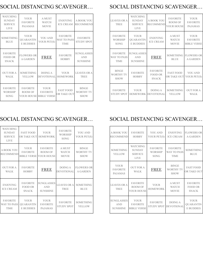 SOCIAL DISTANCING SCAVENGER HUNT Bingo Cards