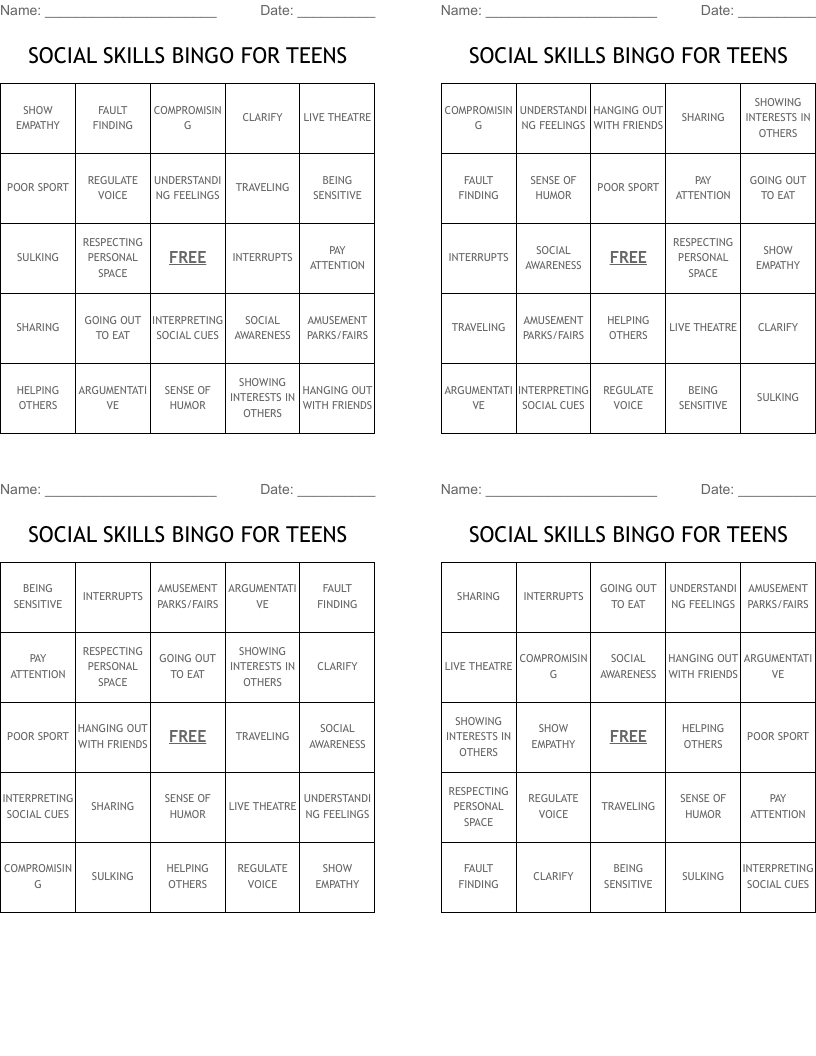 SOCIAL SKILLS BINGO FOR TEENS