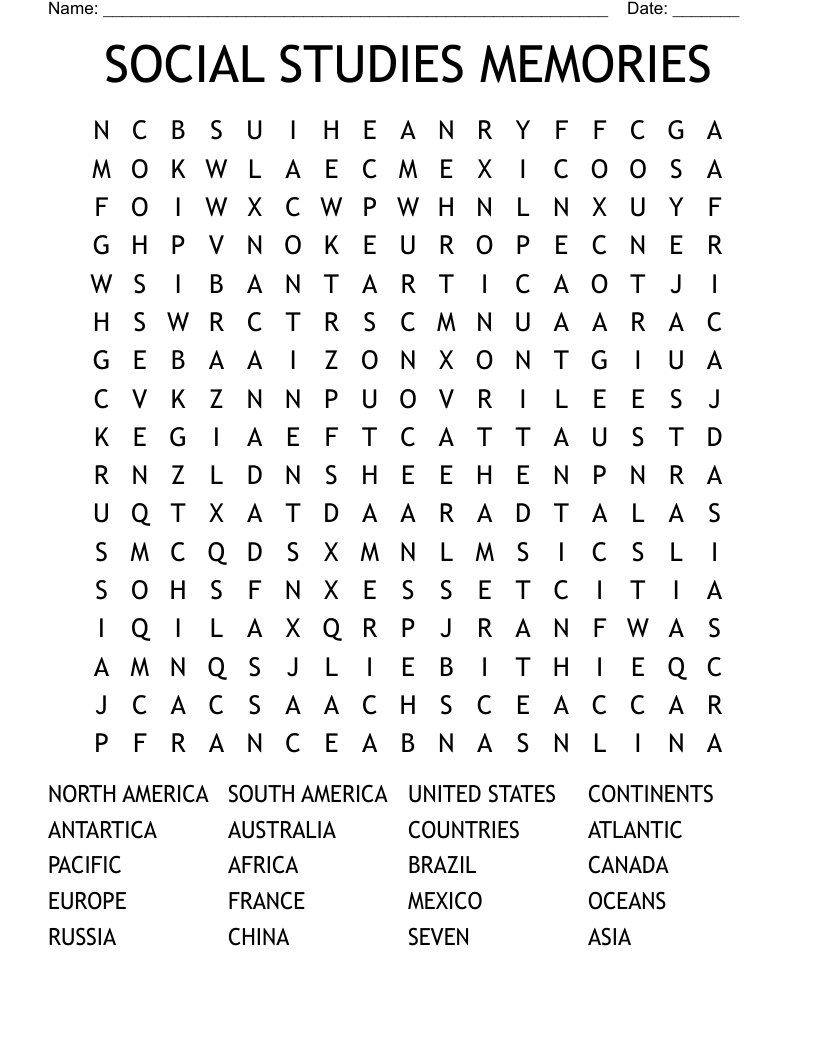 SOCIAL STUDIES MEMORIES Word Search
