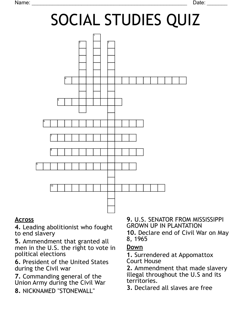 SOCIAL STUDIES QUIZ Crossword