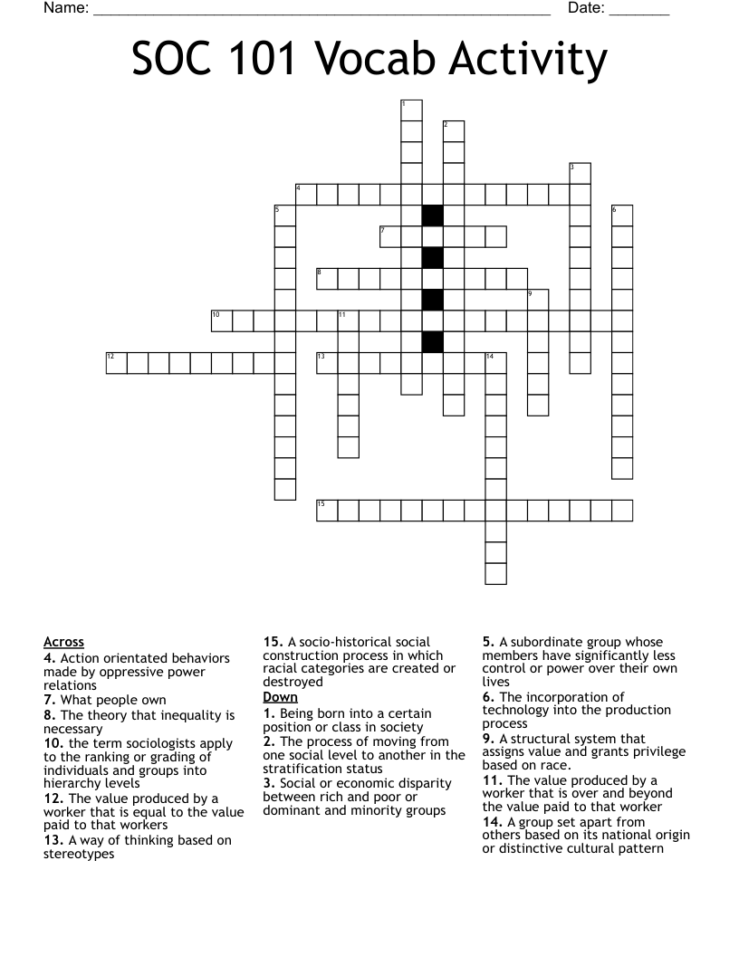 SOC 101 Vocab Activity Crossword
